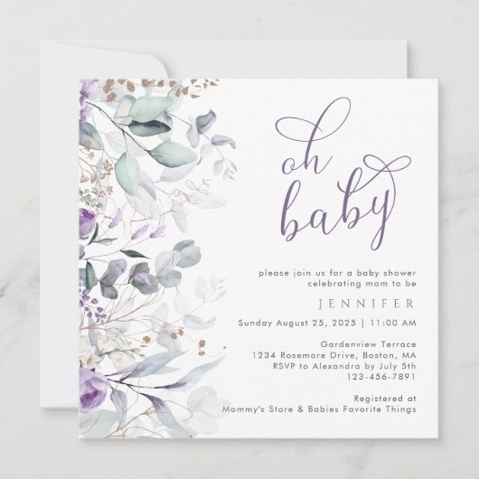 Lila Aquarelldusche Einladung (Vorderseite)