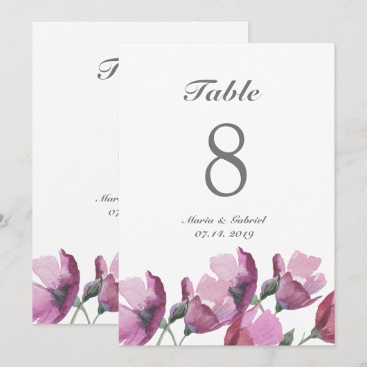 Lila Aquarellfarbe Blumenrosa Tischnummer Hochzeit (Vorne/Hinten)