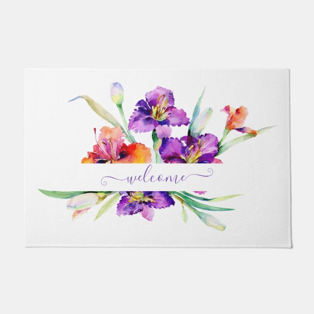 Lila Aquarellfarbe Iris personalisiert Fußmatte (Vorderseite)