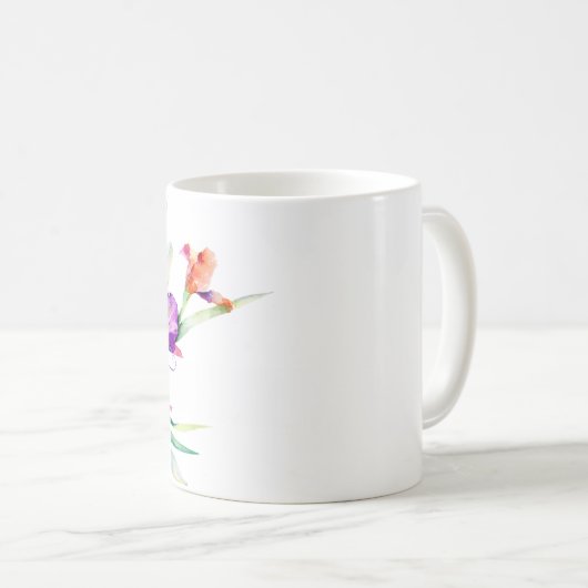 Lila Aquarellfarbe Iris personalisiert Kaffeetasse (VorderseiteRechts)