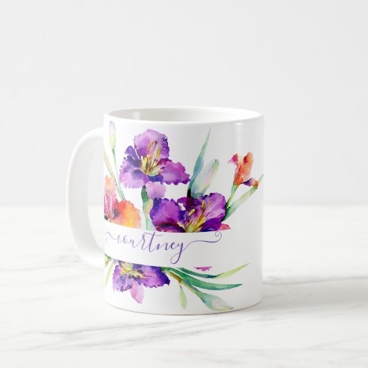 Lila Aquarellfarbe Iris personalisiert Kaffeetasse (Vorderseite Links)