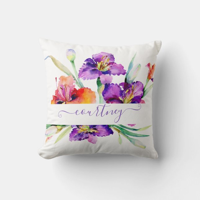 Lila Aquarellfarbe Iris personalisiert Kissen (Vorderseite)