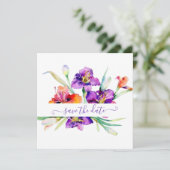 Lila Aquarellfarbe Iris personalisiert Save The Date (Stehend Vorderseite)