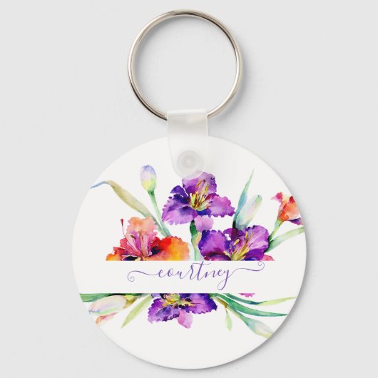 Lila Aquarellfarbe Iris personalisiert Schlüsselanhänger (Vorderseite)