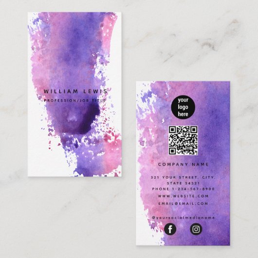 Lila Aquarellfarbe Minimalistisch QR Code Soziale Visitenkarte (Vorne/Hinten)