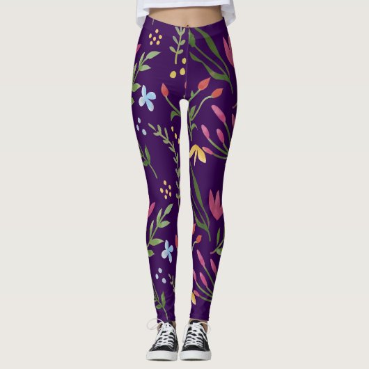 Lila Aquarellfarbe Schwarz Rosa Blau Gelb Leggings (Vorderseite)