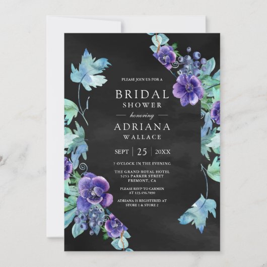 Lila Aquarellfarben Anemones Schwarzes Brautparty Einladung (Vorderseite)