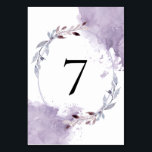 Lila Aquarellfarben-Blätter Tischnummer<br><div class="desc">Ihre Hochzeitstische werden mit diesen traumhaften Aquarellfarben-Blätter in lila, rot-grauen Farbtönen prachtvoll aussehen, sanft fließend um einen ovalen Rahmen und in zwei Ecken glitzerndes Aquarell. Die Tischnummer in großer schwarzer Typografie in der Mitte und das ist leicht personalisiert, und Sie können auch die Textfarbe ändern, wenn Sie über die Option...</div>