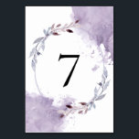 Lila Aquarellfarben-Blätter Tischnummer<br><div class="desc">Ihre Hochzeitstische werden mit diesen traumhaften Aquarellfarben-Blätter in lila, rot-grauen Farbtönen prachtvoll aussehen, sanft fließend um einen ovalen Rahmen und in zwei Ecken glitzerndes Aquarell. Die Tischnummer in großer schwarzer Typografie in der Mitte und das ist leicht personalisiert, und Sie können auch die Textfarbe ändern, wenn Sie über die Option...</div>