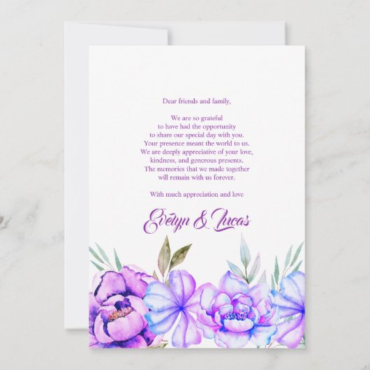 Lila Aquarellfarben-Blume Blumenzucht Hochzeit im Dankeskarte (Rückseite)