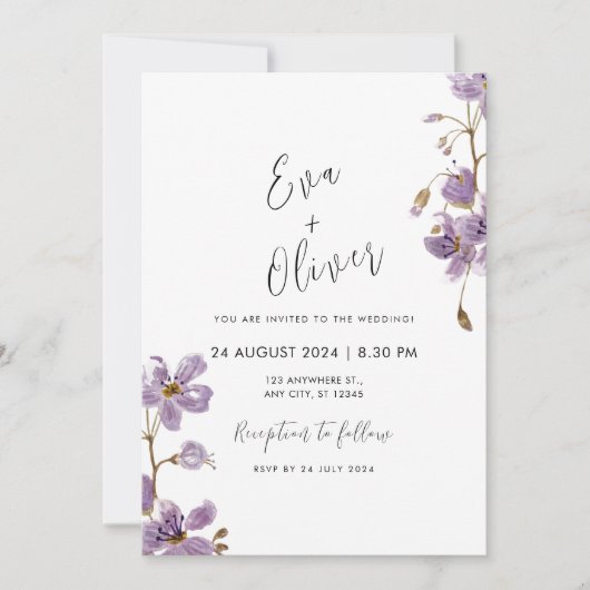 Lila Aquarellfarben-Blume Calligraphy Boho Wedding Einladung (Vorderseite)