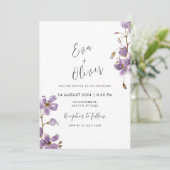 Lila Aquarellfarben-Blume Calligraphy Boho Wedding Einladung (Stehend Vorderseite)