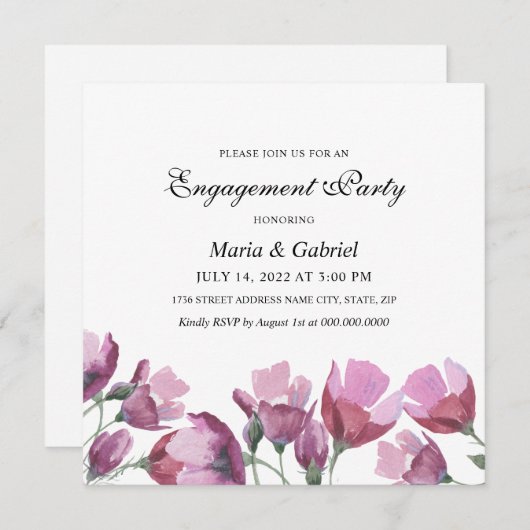 Lila Aquarellfarben-Blume. Flora-Engagement-Partei Einladung (Vorne/Hinten)