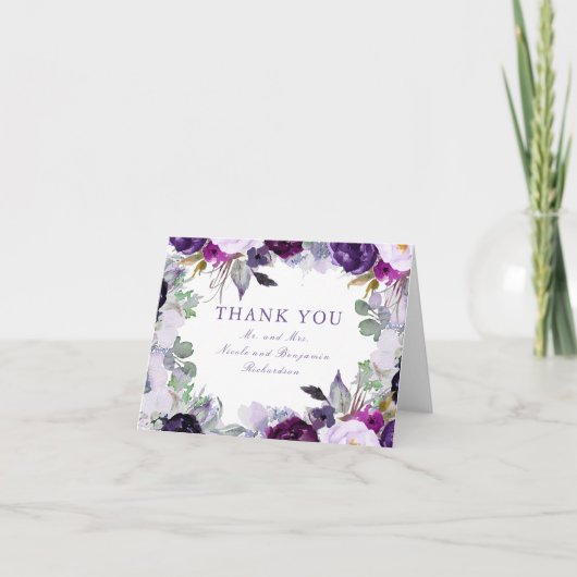 Lila Aquarellfarben-Blume - Hochzeitsdanken Dankeskarte (Vorderseite)