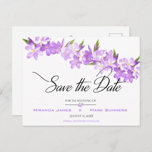 Lila Aquarellfarben Blume Save the Date elegant Ankündigungspostkarte (Vorne/Hinten)