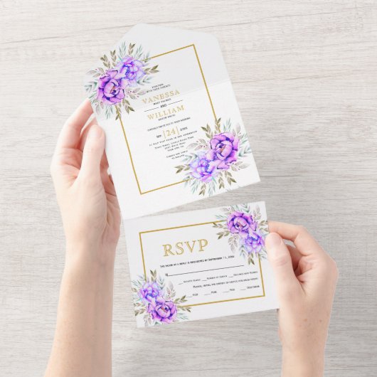 Lila Aquarellfarben-Blume und Blätter Goldhochzeit All In One Einladung (Abreißen)