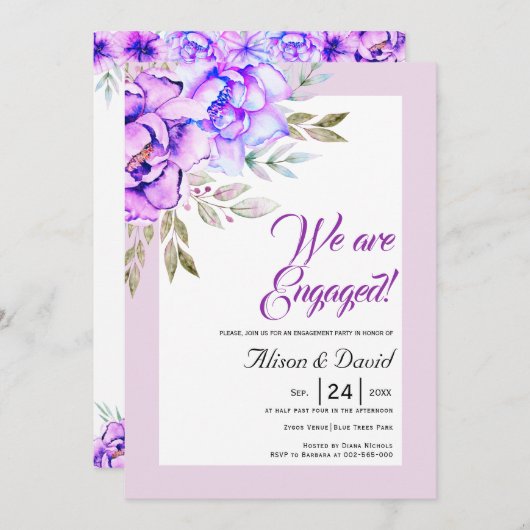 Lila Aquarellfarben-Blume-Verlobung Einladung (Vorne/Hinten)