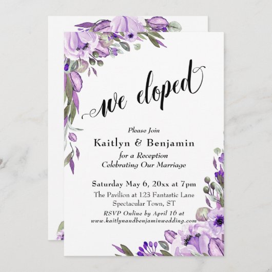 Lila Aquarellfarben-Blume Wir haben Typografie Einladung (Vorne/Hinten)