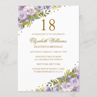 Lila Aquarellfarben Gold 18. Geburtstag Einladung