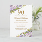 Lila Aquarellfarben Gold 90. Geburtstag Einladung (Stehend Vorderseite)
