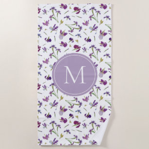 Lila Aquarellfarben Iris Blume Muster Monogramm Strandtuch