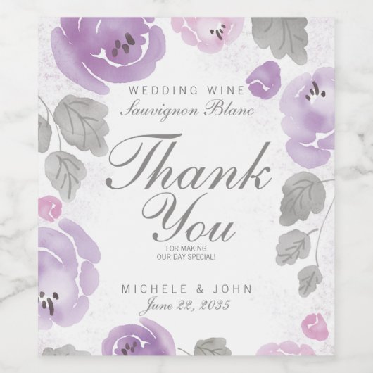 Lila Aquarellfarben Rose Danke Weinetikett (Einzelnes Label)