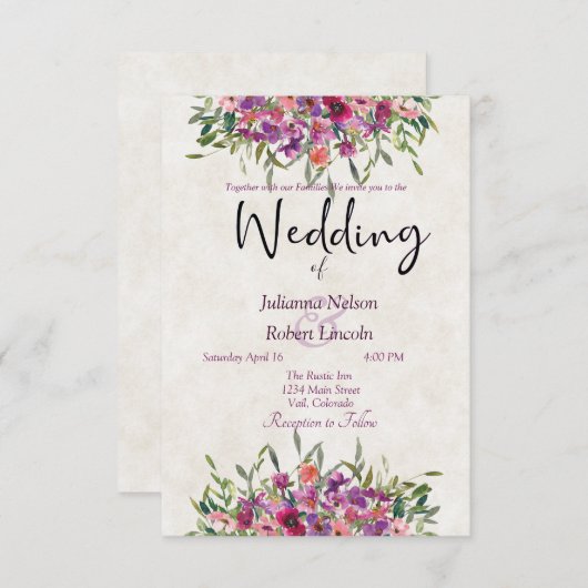 Lila Aquarellfarben-Wildblumen Einladung (Vorne/Hinten)