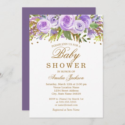 Lila Aquarellgolddusche Einladung (Vorne/Hinten)