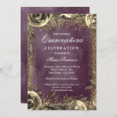 Lila Aquarellgoldfarben Glitzer Blumenquinceanera Einladung (Vorne/Hinten)