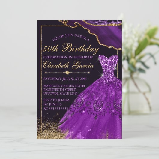 Lila Aquarellkleid zum Geburtstag Einladung (Stehend Vorderseite)