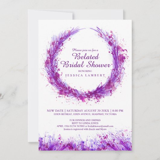 Lila Aquarellkunst platsches verspätetes Brautpart Einladung (Vorderseite)