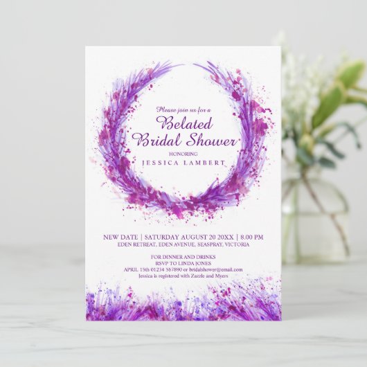 Lila Aquarellkunst platsches verspätetes Brautpart Einladung (Stehend Vorderseite)