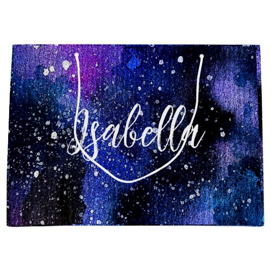 Lila Aquarelluniversum Große Geschenktüte (Vorderseite)