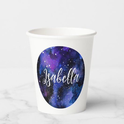 Lila Aquarelluniversum Pappbecher (Vorderseite)