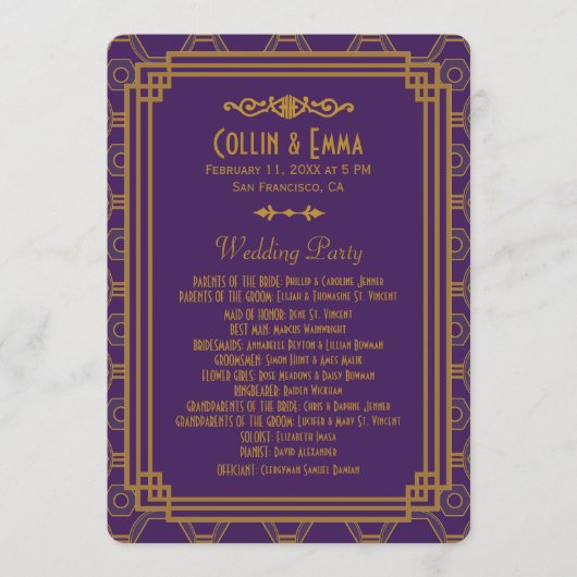 Lila Art Deco Hochzeitsprogramme Programm (Vorderseite)