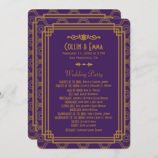 Lila Art Deco Hochzeitsprogramme Programm (Vorne/Hinten)