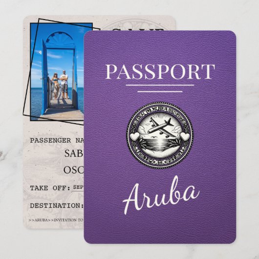 Lila Aruba Reisepass Save The Date (Vorne/Hinten)