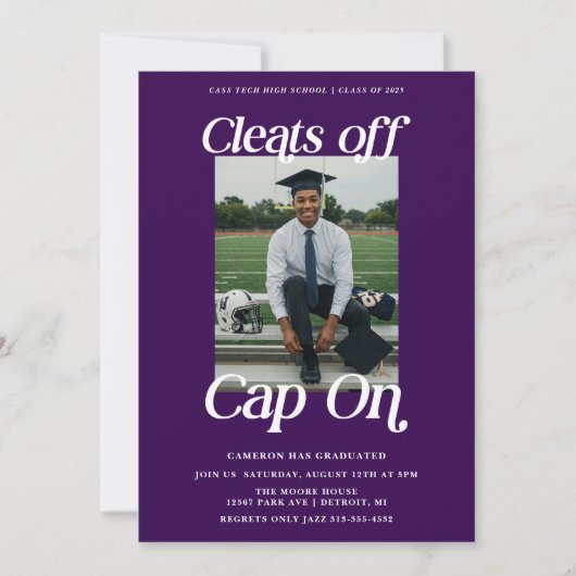 Lila Athlete Abschluss löscht Cap On Einladung (Vorderseite)