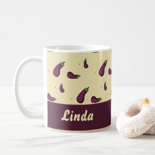 Lila Auberginen auf gelb Kaffeetasse (Mit Donut)