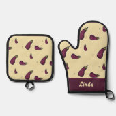 Lila Auberginen auf gelb Ofenhandschuh & Topflappen-Set (Vorderseite)