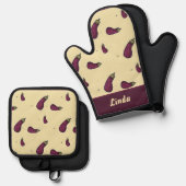 Lila Auberginen auf gelb Ofenhandschuh & Topflappen-Set (Vorderseite/Rückseite)