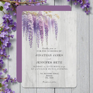 Lila auf Holz Wisteria Blumen Hochzeitseinladung Einladung