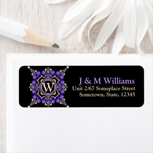 Lila auf Schwarz-Decorativ-Monogram-Adressenmarken (Insitu)