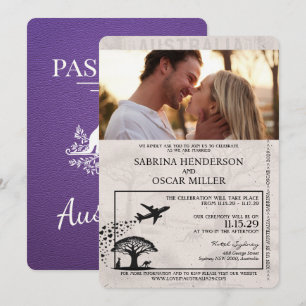 Lila Australien Reisepass Hochzeit Einladung