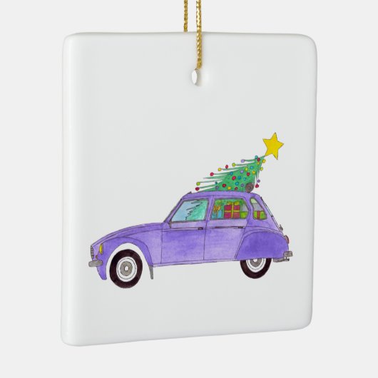 Lila Auto mit Weihnachtsgeschenken Keramikornament (Rechts)