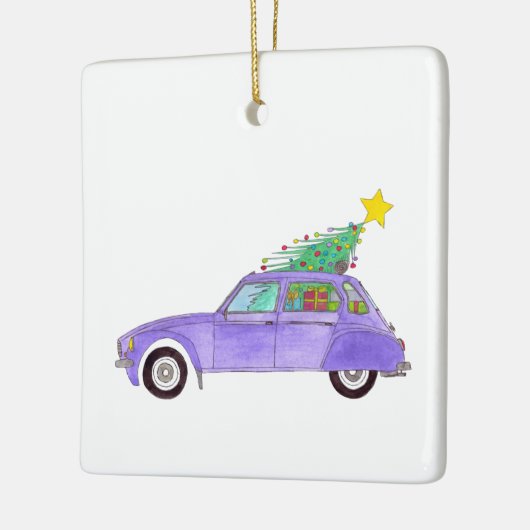 Lila Auto mit Weihnachtsgeschenken Keramikornament (Links)