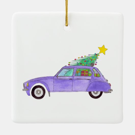 Lila Auto mit Weihnachtsgeschenken Keramikornament (Rückseite)