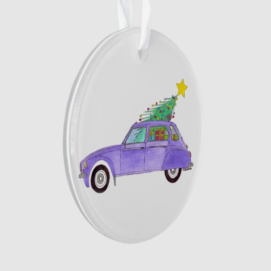 Lila Auto mit Weihnachtsgeschenken Ornament (Vorderseite)