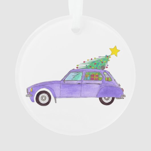 Lila Auto mit Weihnachtsgeschenken Ornament (Rückseite)