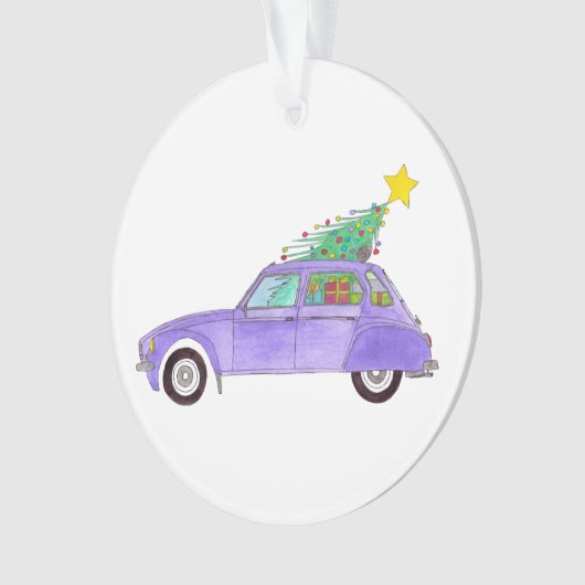 Lila Auto mit Weihnachtsgeschenken Ornament (Vorderseite)
